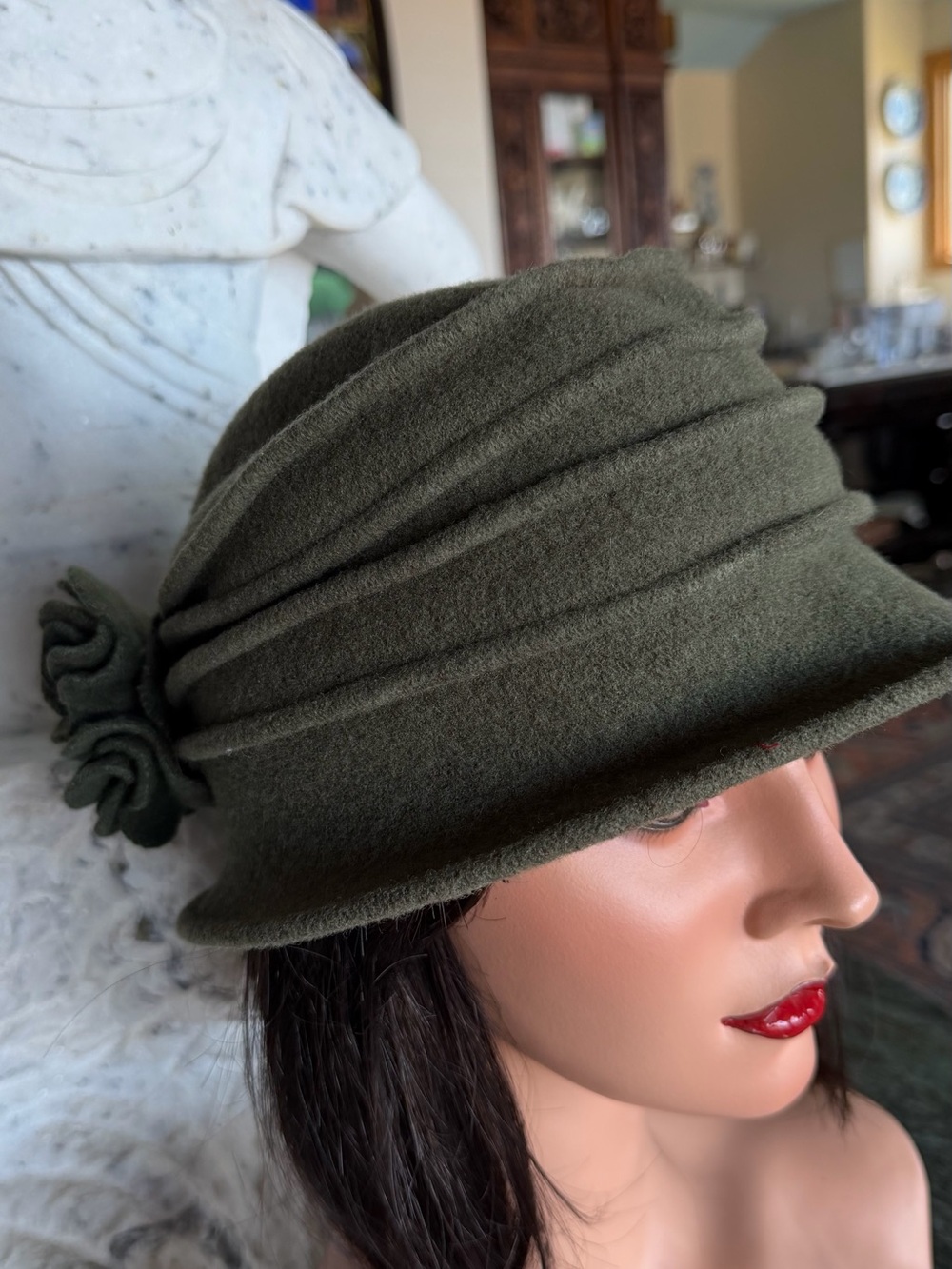 Scala Olive Wool Cloche Hat with Side Rosette